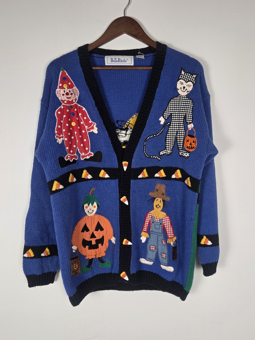 VTG Belle Pointe Halloween Cardigan Sweater Blue Knit Embroidered Clown Pumpkin